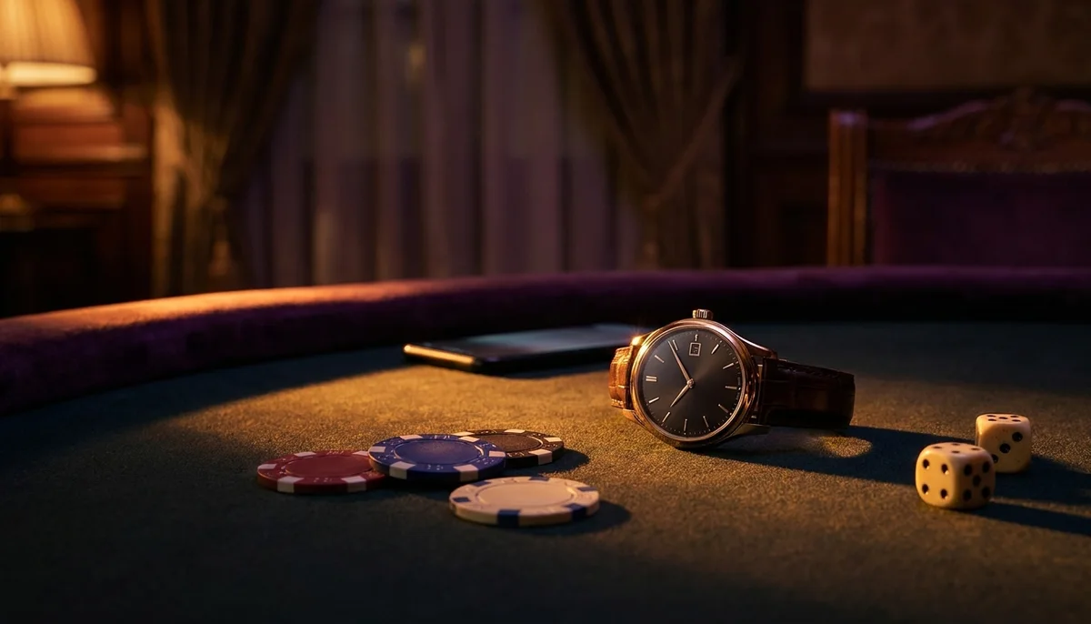 Armbanduhr, Chips und Würfel auf grünem Casino-Filz