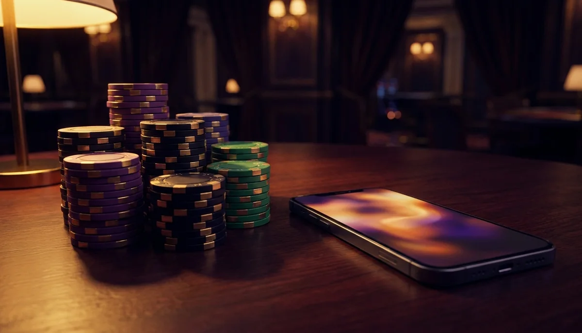 Gestapelte Casino-Chips neben einem Smartphone auf einem dunklen Tisch